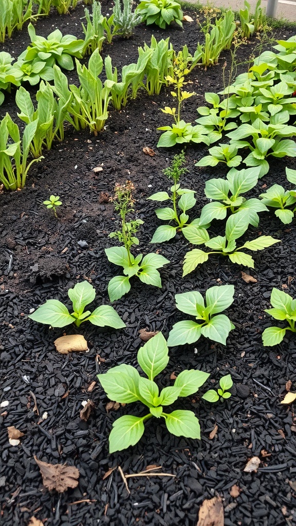A vibrant edible garden with green plants surrounded by black mulch.