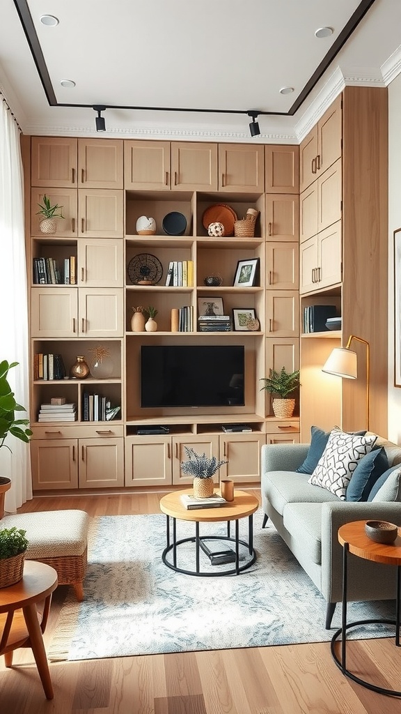 A small living room featuring built-in storage units with a cozy sofa, a coffee table, and decorative elements.