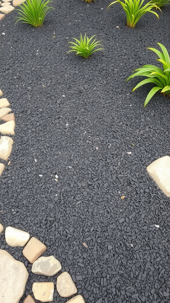 A landscaped area featuring black mulch with decorative stones and green plants.