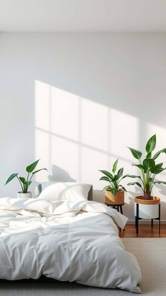 A minimalist bedroom with a bed and two potted plants.