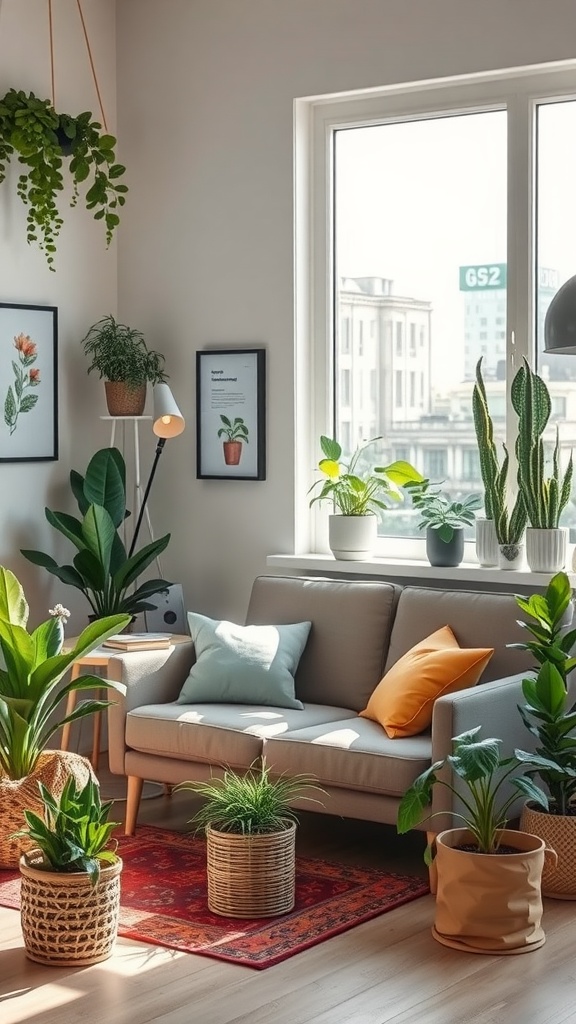 Cozy home office featuring a couch surrounded by various indoor plants.