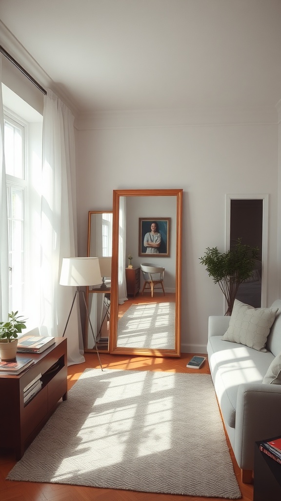 A bright small living room featuring mirrors, a lamp, a plant, and a cozy sofa.