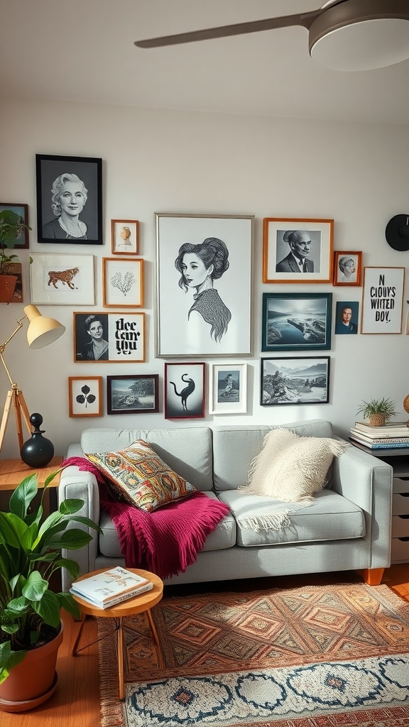 Cozy home office with couch and wall art.