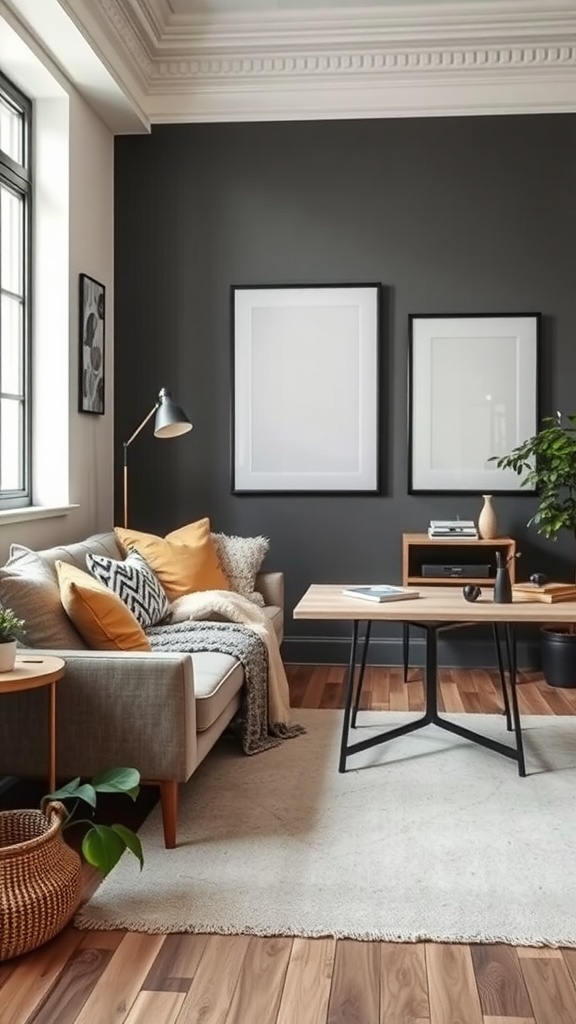 Cozy home office with a couch, adorned with cushions and a throw blanket, and a plush rug.