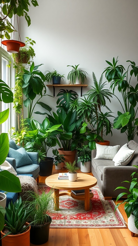 A cozy living room filled with various indoor plants, a comfortable sofa, and a view of the city outside.