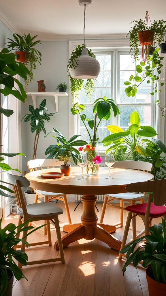 A bright dining room with a wooden table surrounded by indoor plants and colorful chairs.