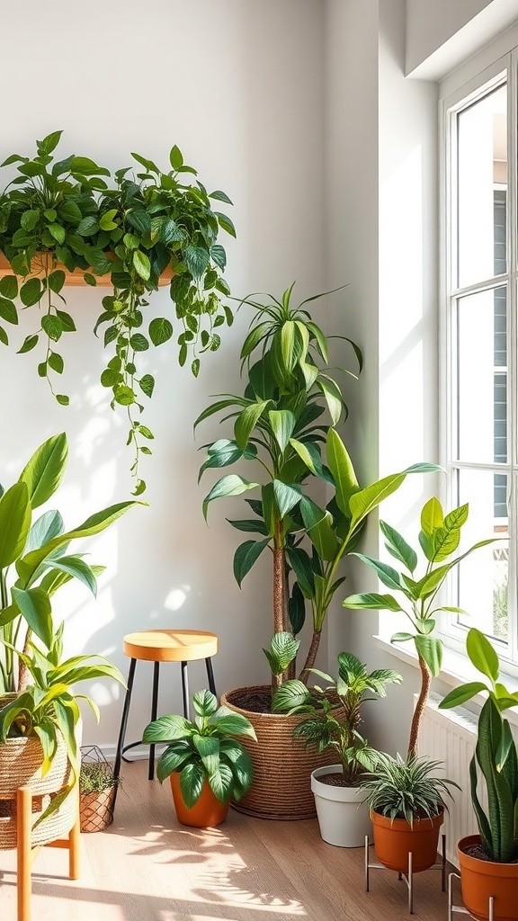 A cozy indoor space filled with various indoor plants including hanging and potted varieties.