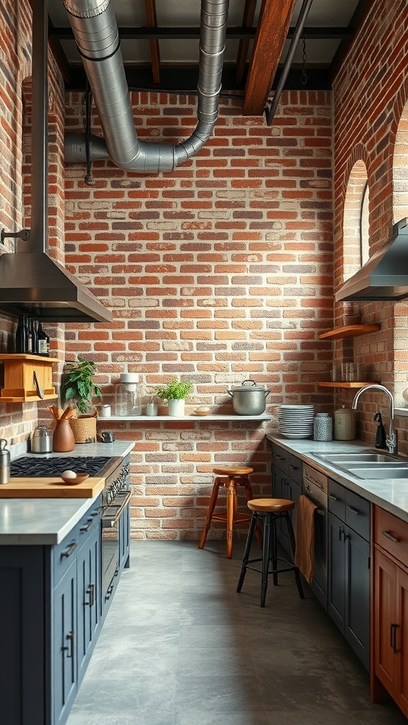 A stylish kitchen featuring exposed brick walls, stainless steel appliances, and wooden accents.