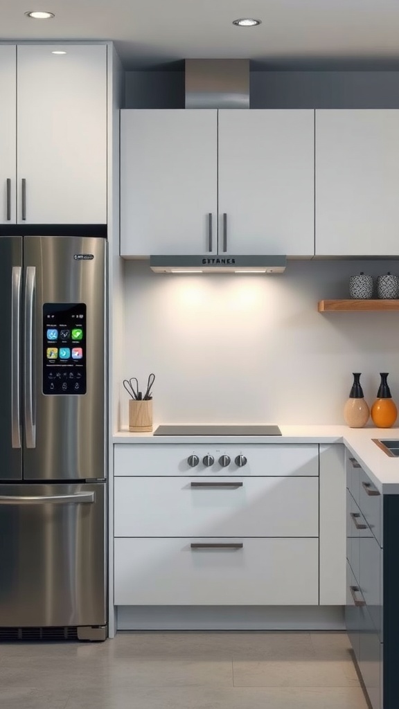 A modern kitchen with innovative appliances including a smart refrigerator and sleek cooktop.