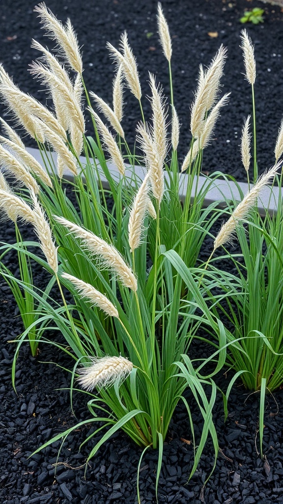 Ornamental grasses with feathery plumes growing in black mulch landscaping.