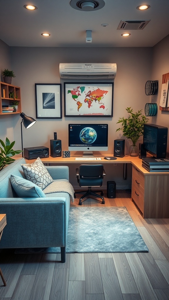 Cozy home office featuring a couch, computer desk, and warm lighting.