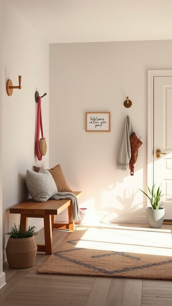 Cozy entryway with a wooden bench, hooks, and a plant, creating a warm atmosphere.