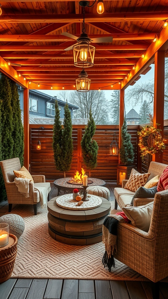 Cozy outdoor seating area with string lights and plants.