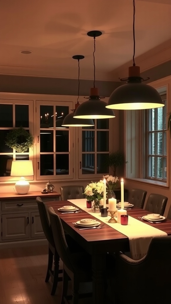 Cozy dining area with layered lighting designs featuring pendant lights and candles.