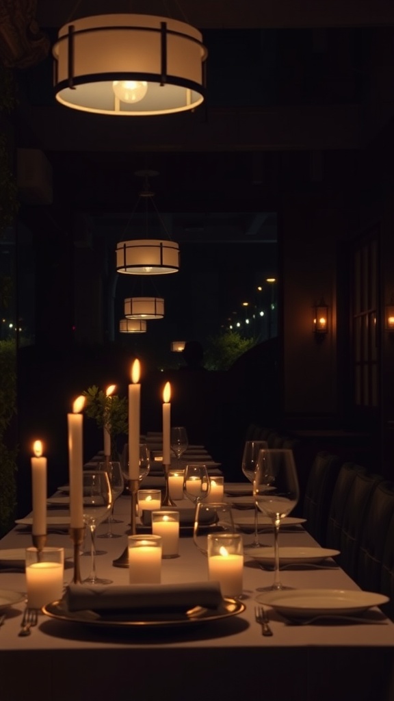 A beautifully set dining table with pendant lights and candles creating a cozy atmosphere.