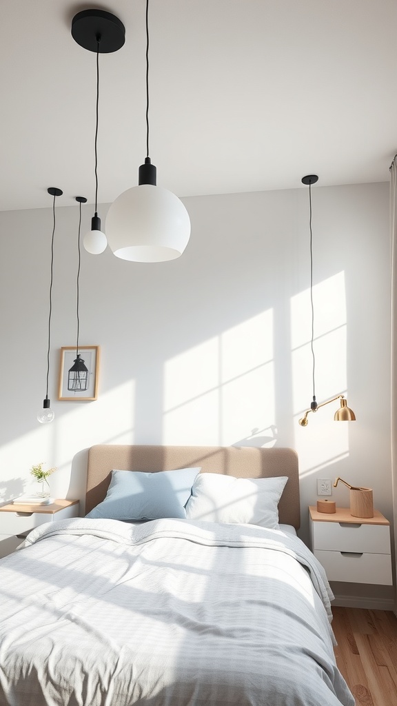 A minimalist bedroom with layered lighting fixtures, featuring pendant lights and a wall sconce.