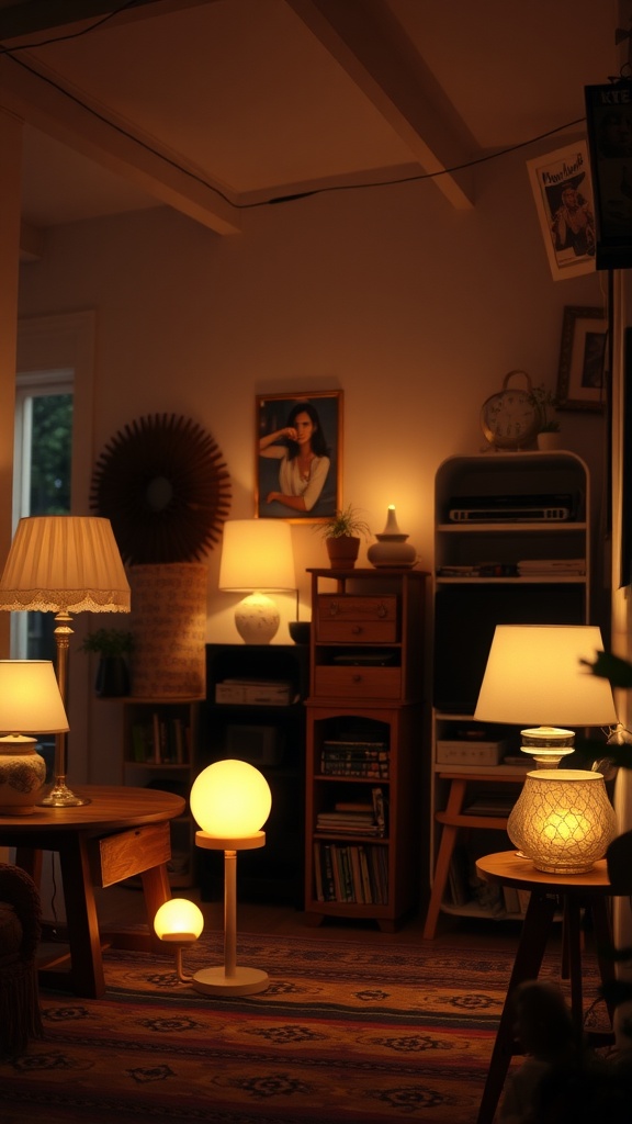 Cozy living space with various layered lighting options, including table lamps and floor lamps