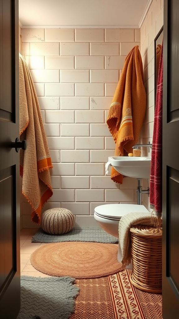 A cozy small bathroom with layered textiles, featuring colorful towels, textured rugs, and woven accessories.