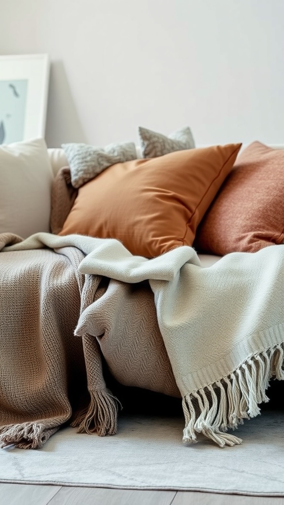 A cozy sofa adorned with various textured pillows and soft throws.