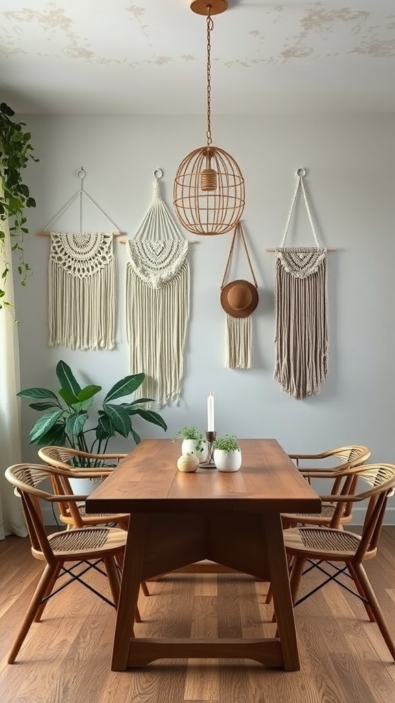 A cozy dining room with macramé wall art, a wooden table, and rattan chairs.