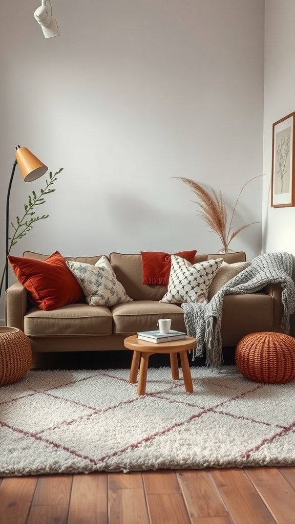 Cozy small living room with layered textures including a brown sofa, colorful pillows, a shaggy rug, and decorative accents.