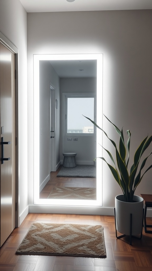 A lighted mirror in a modern entryway with a plant and a patterned rug.