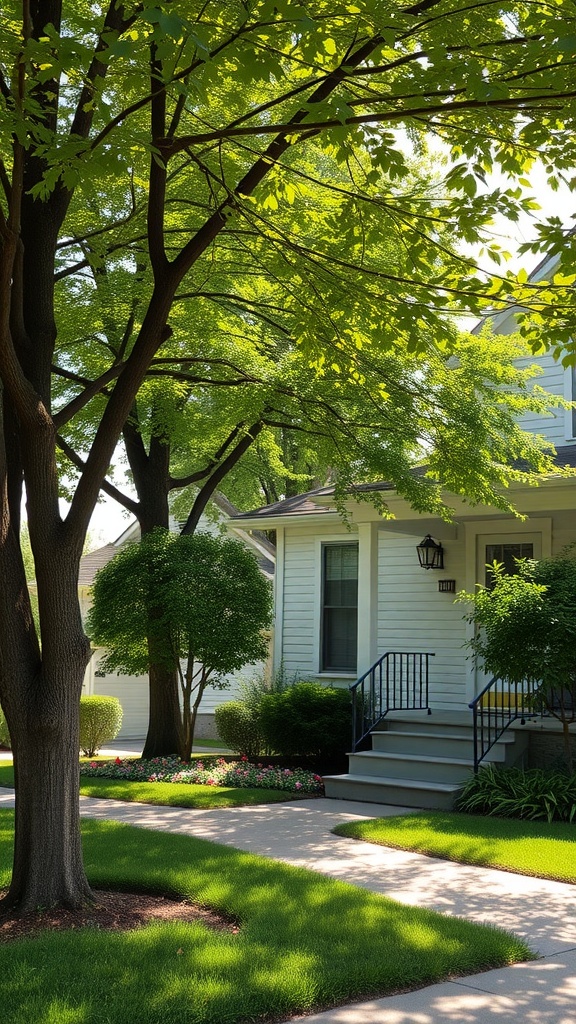 A front yard with large shade trees, a well-maintained lawn, and charming steps leading to a home.