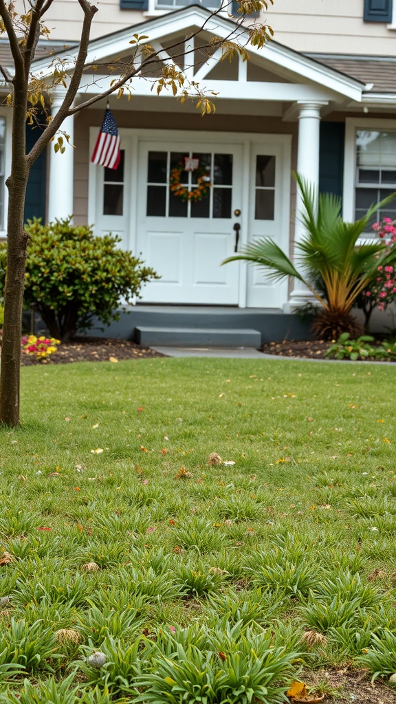 A front yard with low-water ground covers, featuring well-maintained greenery near a home entrance.