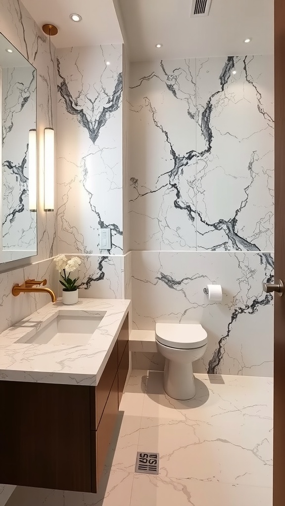 A modern bathroom featuring elegant marble walls and warm wooden cabinetry.