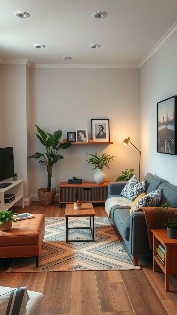 A cozy small living room with multifunctional furniture, featuring a comfortable sofa, storage coffee table, and vibrant plants.