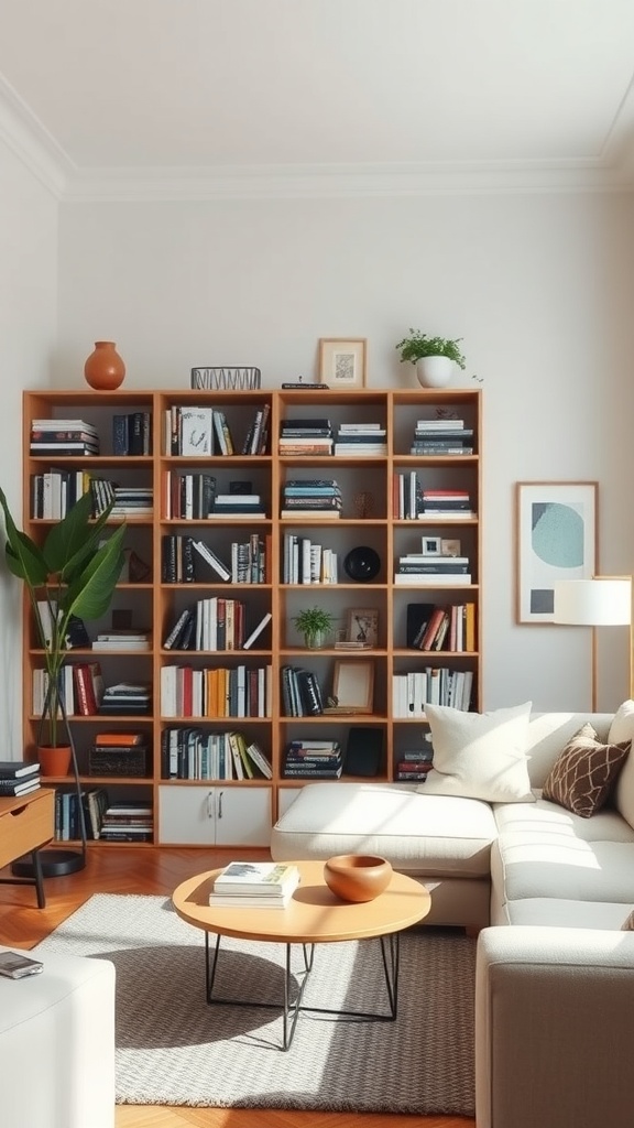 A well-organized shelving unit filled with books and decorative items in a cozy living room.