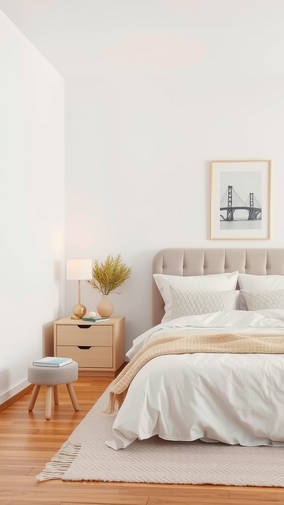 A minimalist bedroom featuring a neatly made bed, soft lighting, and simple decor.