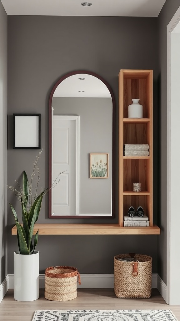Modern entryway featuring a mirror with integrated shelving and decorative elements.
