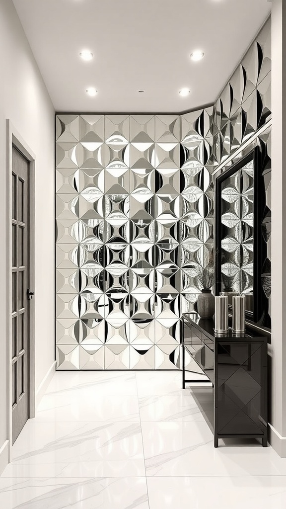 An entryway featuring a stylish mirrored accent wall with geometric patterns.