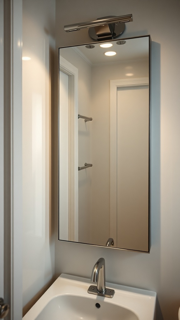 A modern mirrored cabinet above a sink in a small bathroom