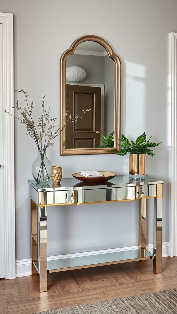 A stylish entryway featuring a mirrored console table with an integrated mirror, decorative plants, and accessories.