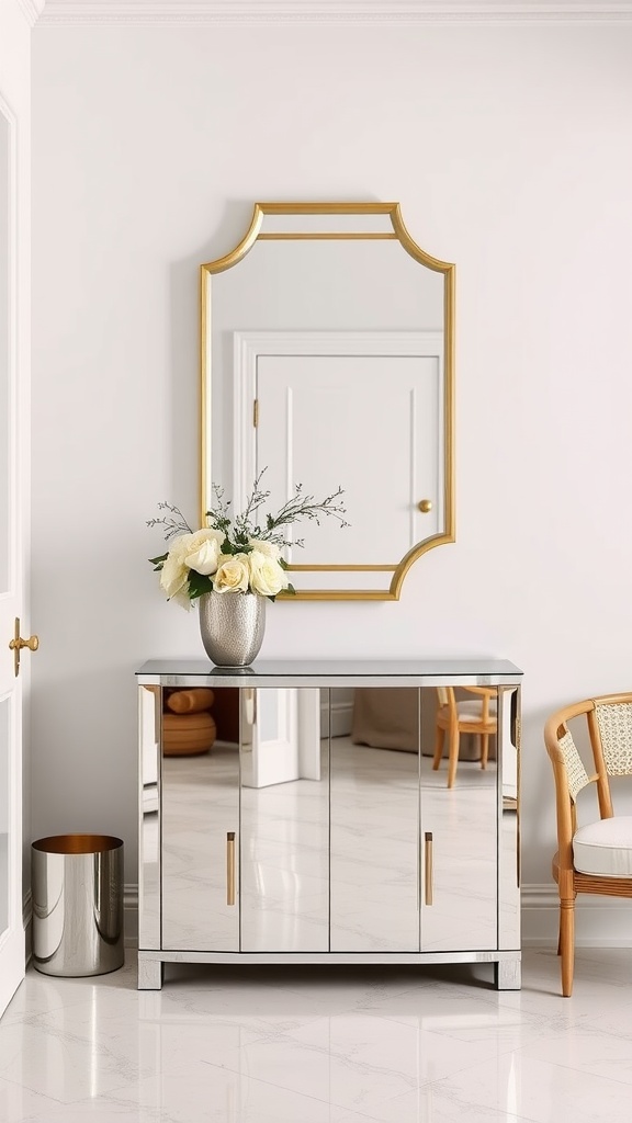 Entryway with a stylish mirrored console table and a decorative mirror above it.