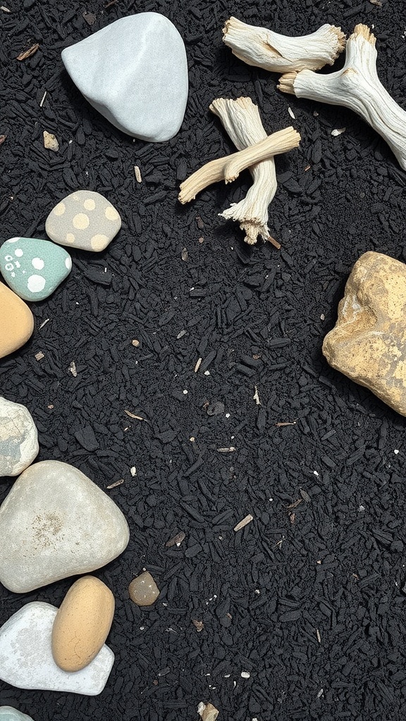 An arrangement of black mulch with smooth stones and driftwood pieces.