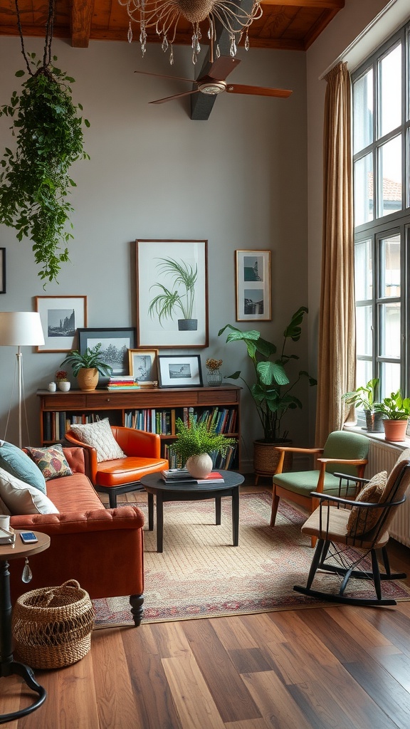 Cozy living room with modern and vintage furniture, plants, and artwork.