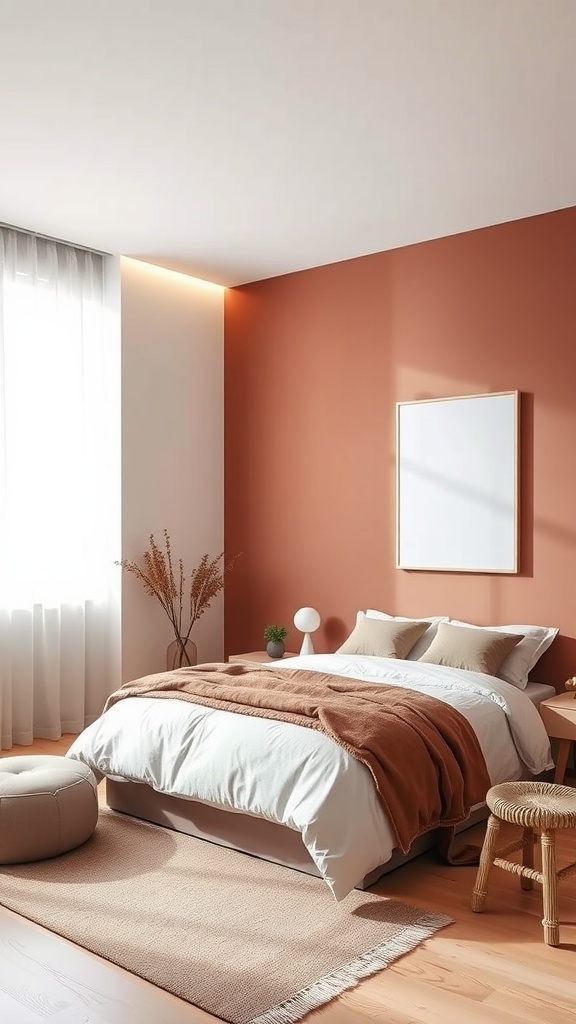 A minimalist bedroom featuring a monochromatic color scheme with a coral red accent wall, a white bedspread, and wooden furniture.