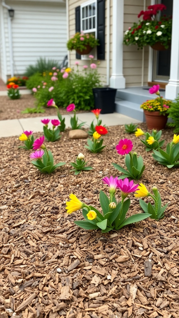 A colorful flower bed with mulch, featuring various flowers in bloom.
