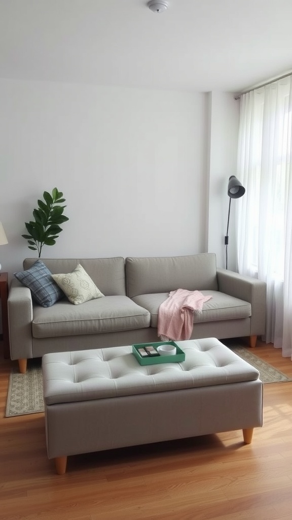 A small living room featuring a gray couch, a versatile ottoman, and natural light.