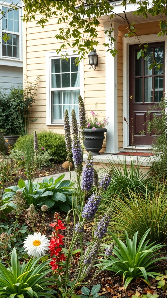 Front yard featuring various native plants including purple flowers, a daisy, and green foliage by a house.