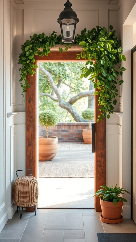 An entryway featuring a wood-framed mirror surrounded by greenery and natural elements.