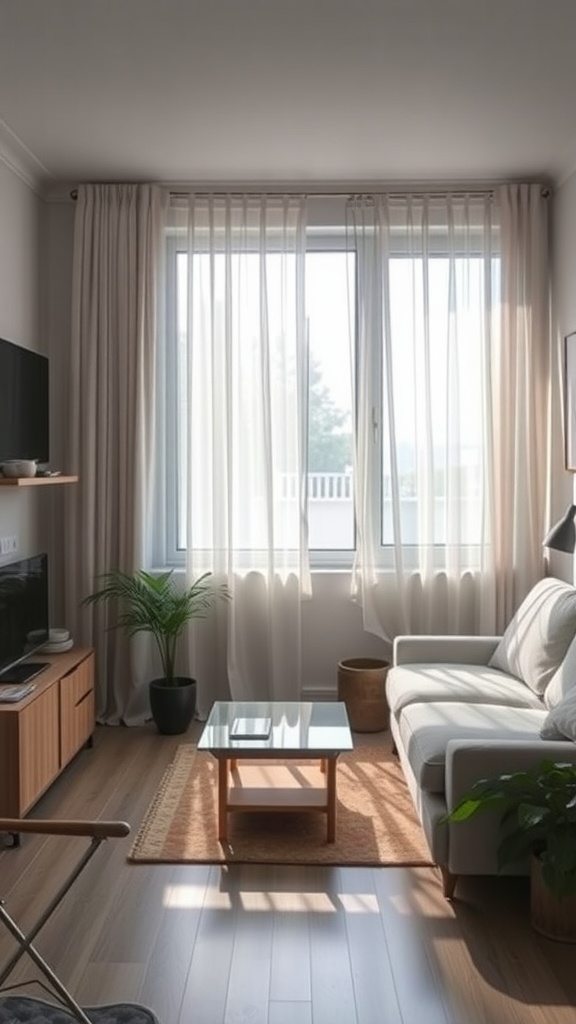 A small living room with sheer curtains allowing natural light to fill the space.