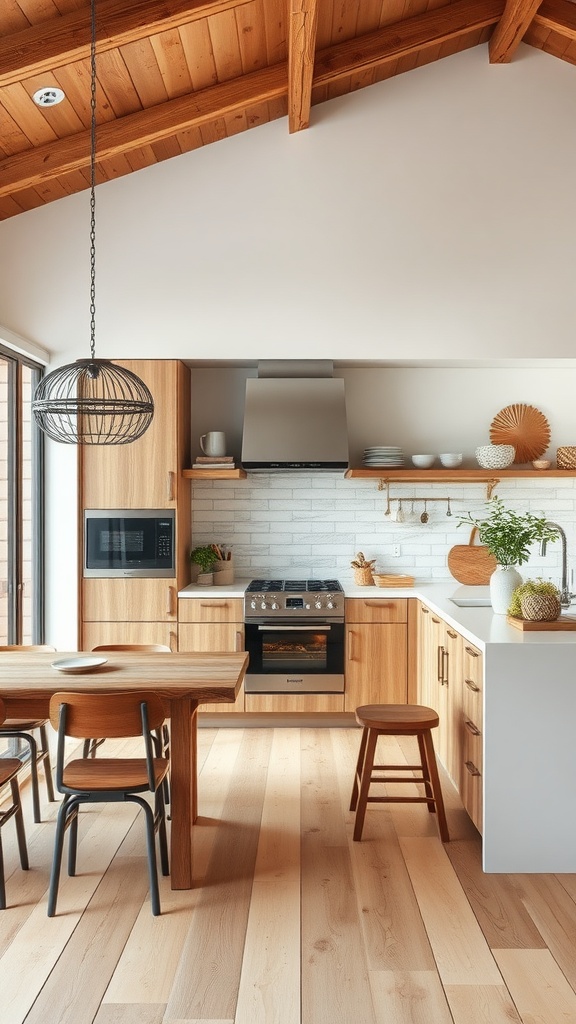 A modern kitchen featuring wooden cabinets, a wooden dining table, and natural light.