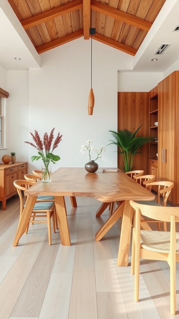 Boho chic dining room featuring natural wood elements with a large wooden table, wooden chairs, and plants