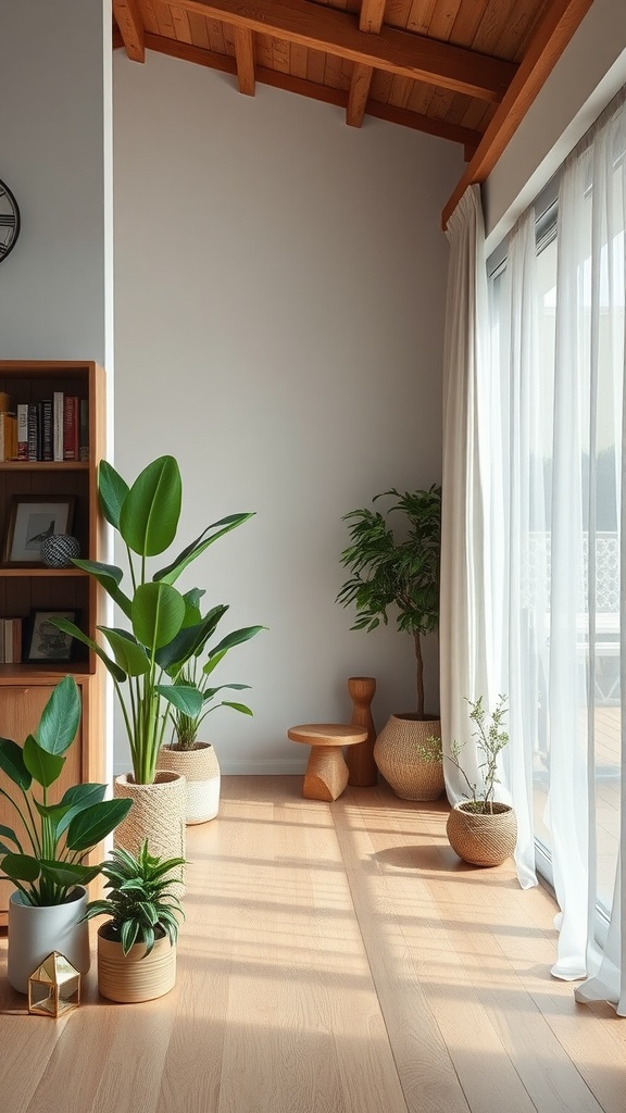 A cozy modern interior with plants, natural light, and wooden accents.