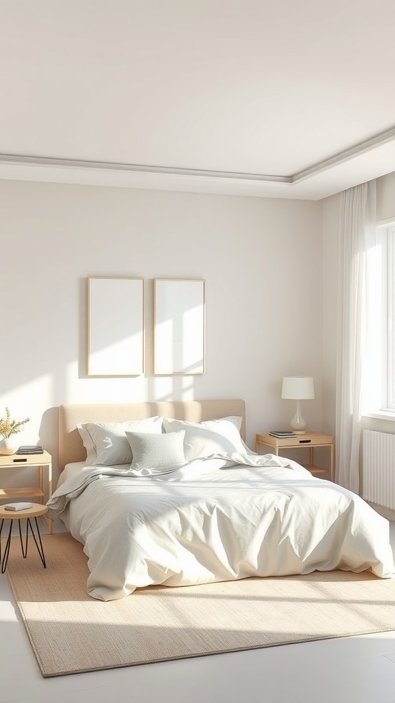 Minimalist bedroom with neutral colors, soft bedding, and simple decor