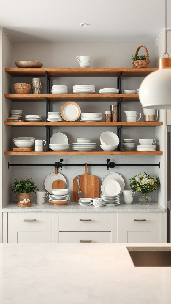 A modern kitchen with open shelving displaying elegant dishware and plants.